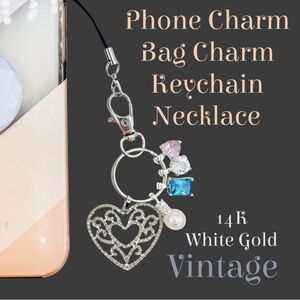 Vintage 14k White Gold & Moissanite Heart Pendant, Phone Charm, Bag Charm, Keych